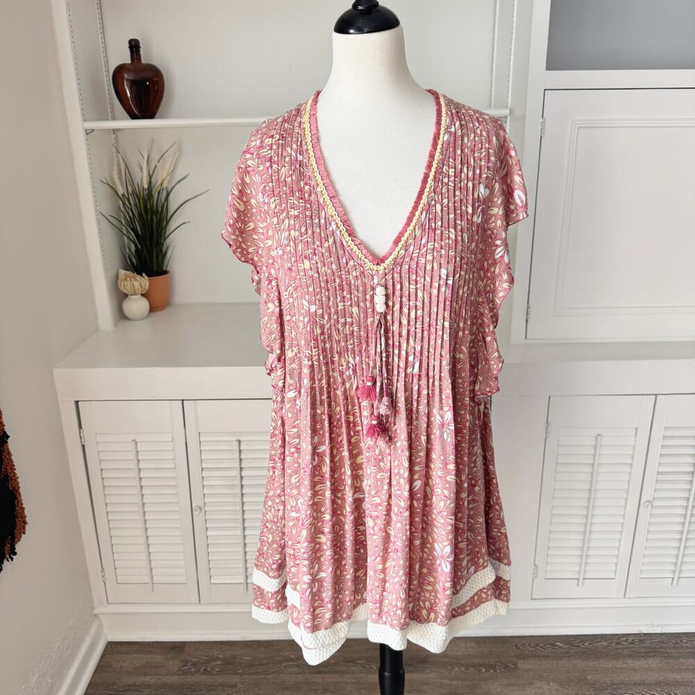 Poupette St. Barth Dusty Pink Floral Crochet Tassel Sasha Mini Dress Size XS